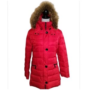Vince Camuto Vibrant Red Puffer Coat with Faux Fur Woman's  L